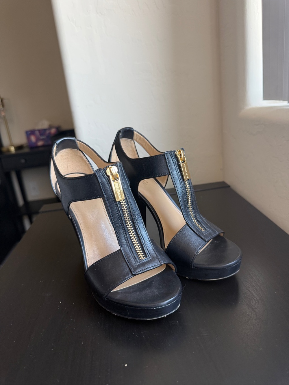 Michael Kors Black Open-Toe Platform Heels with Gold Zipper